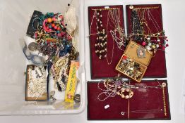 A BOX OF ASSORTED COSTUME JEWELLERY, to include three wooden jewellery display stands with costume