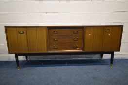 A G PLAN AFROMOSIA SIDEBOARD, with double bifold doors flanking three drawers, on ebonised legs,