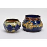 TWO EARLY 20TH CENTURY ROYAL DOULTON STONEWARE GLAZED TRINKET POTS, each with artists initials to