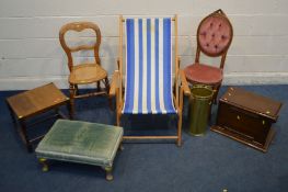 A BEECH FOLDING DECK CHAIR with stripped fabric, walnut balloon back caned chair, a reproduction