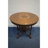 AN EDWARDIAN ROSEWOOD AND MARQUETRY INLAID CIRCULAR CENTRE TABLE, on four turned uprights to