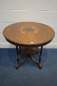 AN EDWARDIAN ROSEWOOD AND MARQUETRY INLAID CIRCULAR CENTRE TABLE, on four turned uprights to