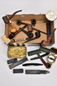 A BOX OF WOODEN PIPES, compact, a very worn Princess Mary Christmas tin, compass and boxed shaving