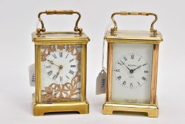 TWO BRASS CARRIAGE CLOCKS, the first with a foliate panel over the roman numeral dial, 110mm in