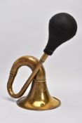 A BRASS AND RUBBER CAR HORN, circa 1910-20, in working order, replacement rubber, length