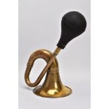 A BRASS AND RUBBER CAR HORN, circa 1910-20, in working order, replacement rubber, length