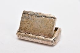 A LATE VICTORIAN SILVER SNUFF BOX, of a curved rectangular form, engraved floral design, hinged