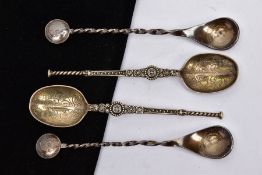 FOUR SILVER AND WHITE METAL SPOONS, to include two silver spoons each with an engraved floral