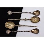 FOUR SILVER AND WHITE METAL SPOONS, to include two silver spoons each with an engraved floral