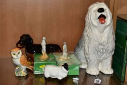 SIX BESWICK ANIMAL/BIRD FIGURES, comprising Old English Sheepdog Fireside model 2232, printed