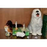 SIX BESWICK ANIMAL/BIRD FIGURES, comprising Old English Sheepdog Fireside model 2232, printed