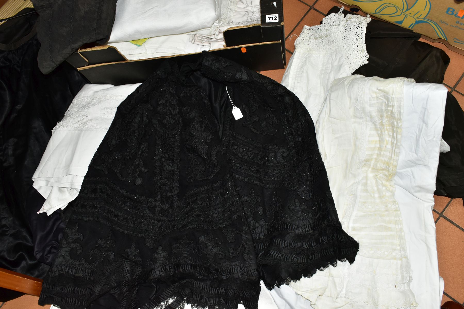 A BOX OF COSTUME AND TEXTILES including a beaded Victorian mourning cape with further mourning wear, - Image 2 of 4