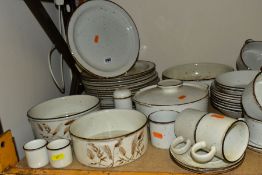 A SHELF OF DENBY POTTERY AND MIDWINTER STONEWARE, including a Denby advertising plaque, Denby