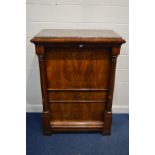 A 19TH CENTURY FLAME MAHOGANY ESCRITOIRE, with a later veined marble top, twin cylindrical