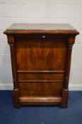 A 19TH CENTURY FLAME MAHOGANY ESCRITOIRE, with a later veined marble top, twin cylindrical