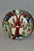 A 20TH CENTURY LICA PORTUGESE MAJOLICA PLATE OF PALISSY STYLE moulded in relief with a crayfish,