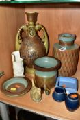 A GROUP OF DENBY AND OTHER CERAMICS, including a Denby cylindrical vase with brown and turquoise