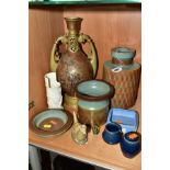 A GROUP OF DENBY AND OTHER CERAMICS, including a Denby cylindrical vase with brown and turquoise