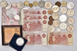 A BOX LID OF MAINLY UK COINS to include five different designs of five pound coins, a silver
