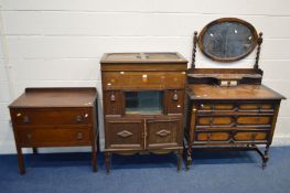AN EARLY 20TH CENTURY OAK COCKTAIL CABINET, hinged top revealing three compartments and a back
