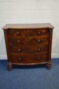 A VICTORIAN MAHOGANY BOWFRONT CHEST OF TWO SHORT OVER THREE LONG GRADUATING DRAWERS, columns flanked