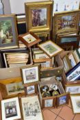 FIVE BOXES AND LOOSE PAINTINGS AND PRINTS, ETC, to include a watercolour miniature of a Victorian