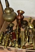 A BOX OF METALWARES, including brass door stops cast as horses and stags, brass models of canons,