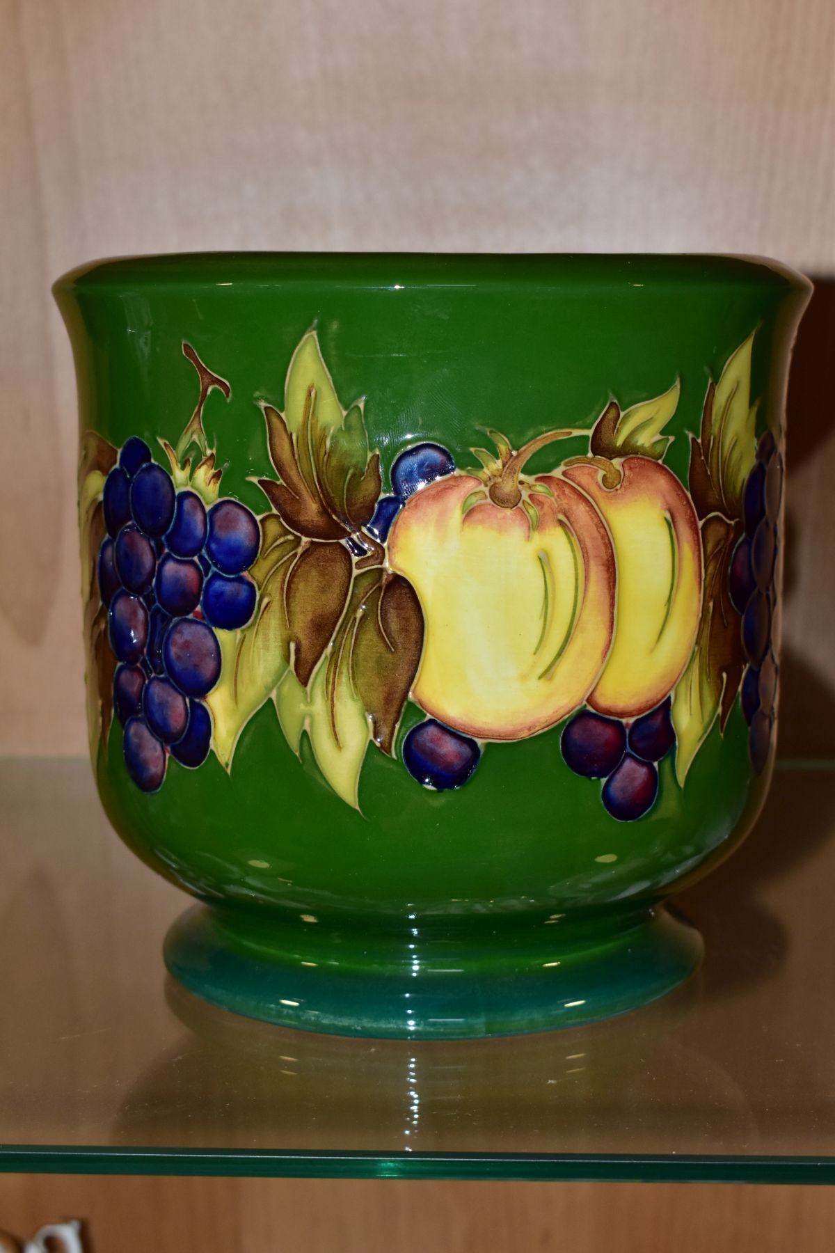 A MOORCROFT POTTERY JARDINIERE DECORATED IN THE FRUIT AND BERRIES PATTERN, on a green ground, - Image 2 of 6