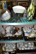 FOUR BOXES AND LOOSE OF CERAMICS AND GLASS, including cut glass vases, studio glass vases, glass and