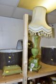 AN ONYX TABLE LAMP AND SHADE, height 80cm (no PAT test certificate), an onyx cigarette box, and