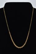 A 9CT GOLD GRADUATED ROPE TWIST CHAIN, fitted with a spring clasp, hallmarked 9ct gold London