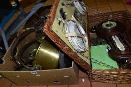 TWO BOXES OF ASSORTED METALWARES, BREXTAN WICKER PICNIC HAMPER, BAROMETERS, ETC, including brass jam