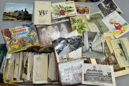 A BOX OF PRINTED EPHEMERA, POSTCARDS, etc, including two albums of Brooke Bond picture cards, the