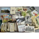 A BOX OF PRINTED EPHEMERA, POSTCARDS, etc, including two albums of Brooke Bond picture cards, the