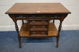 AN EDWARDIAN MAHOGANY RECTANGULAR CENTRE TABLE, with six assorted drawers, polished back, flanked by