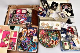 A BOX OF ASSORTED COSTUME JEWELLERY AND JEWELLERY BOXES, to include pieces such as a coral and red