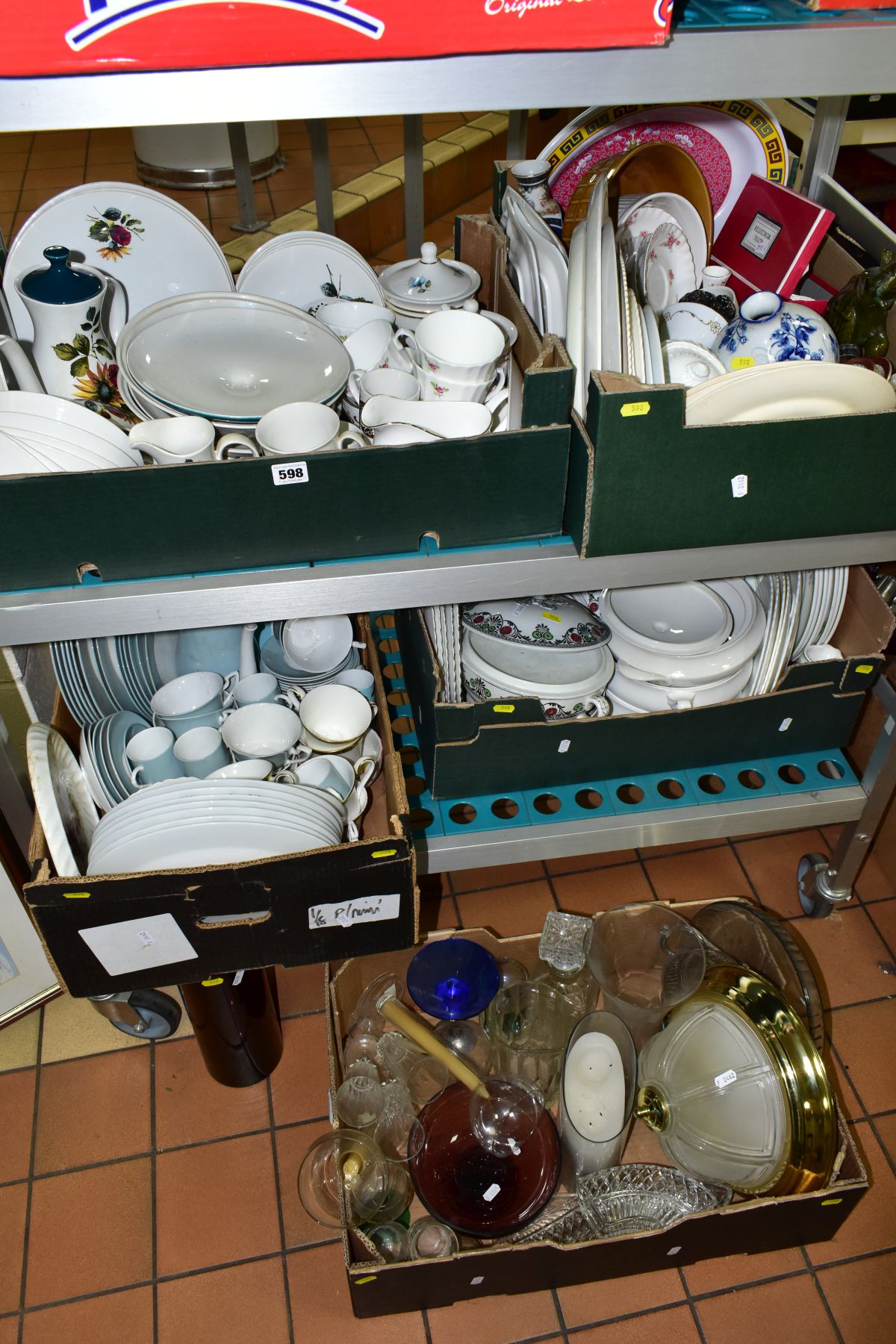 FIVE BOXES OF DINNER/TEA WARES AND GLASS etc, to include Wedgwood 'Anthea' plates and tureens, Royal