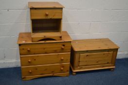 A MODERN PINE CHEST OF THREE LONG DRAWERS, single drawer bedside cabinet and a blanket box (3)