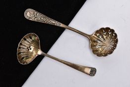 TWO SILVER SIFTER SPOONS, the first with a curved shell designed handle, hallmarked 'C.W. Fletcher &