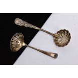 TWO SILVER SIFTER SPOONS, the first with a curved shell designed handle, hallmarked 'C.W. Fletcher &