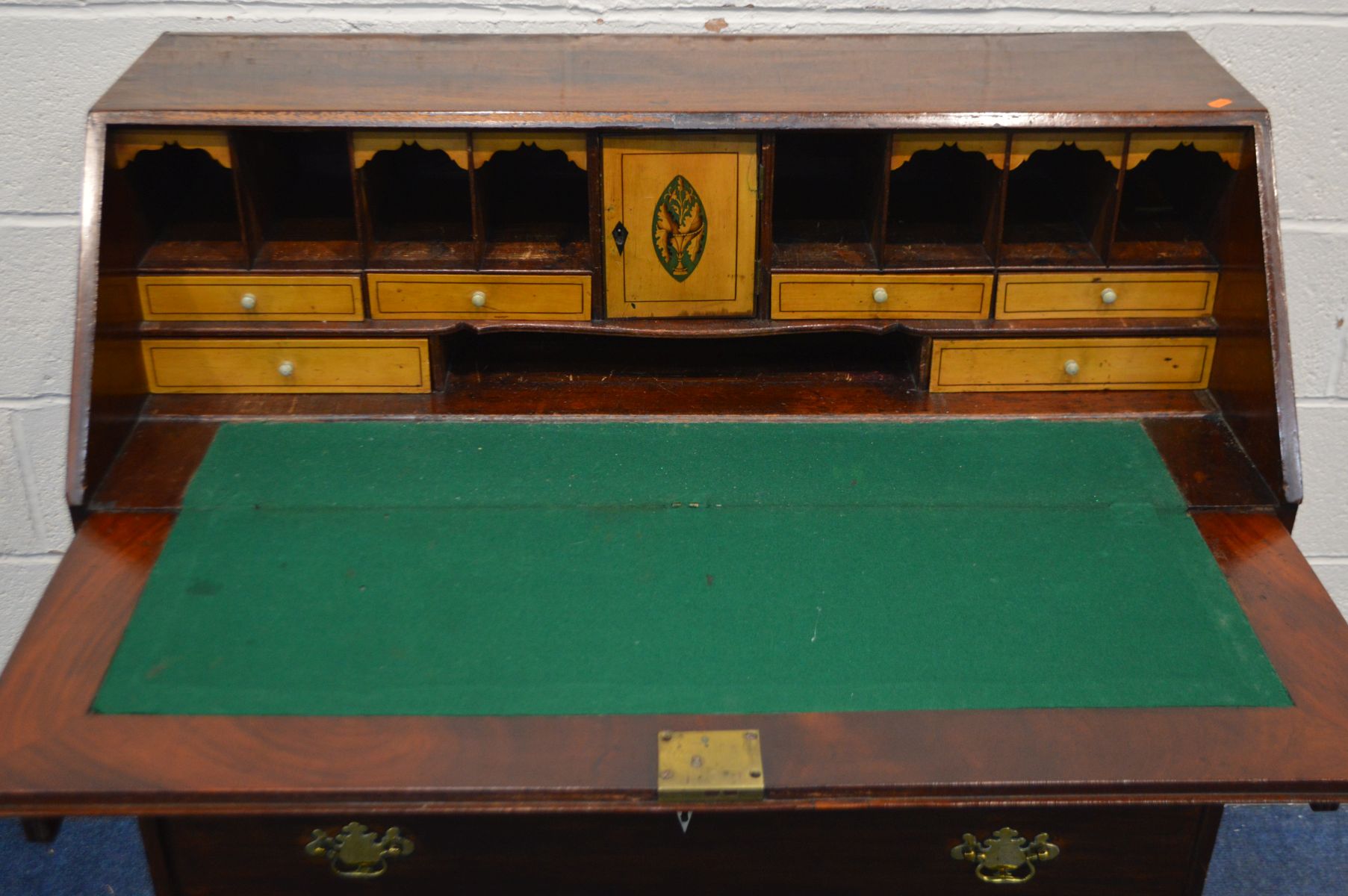 A GEORGIAN MAHOGANY BUREAU, with fitted interior comprising an assortment of satin birch drawer - Image 3 of 6