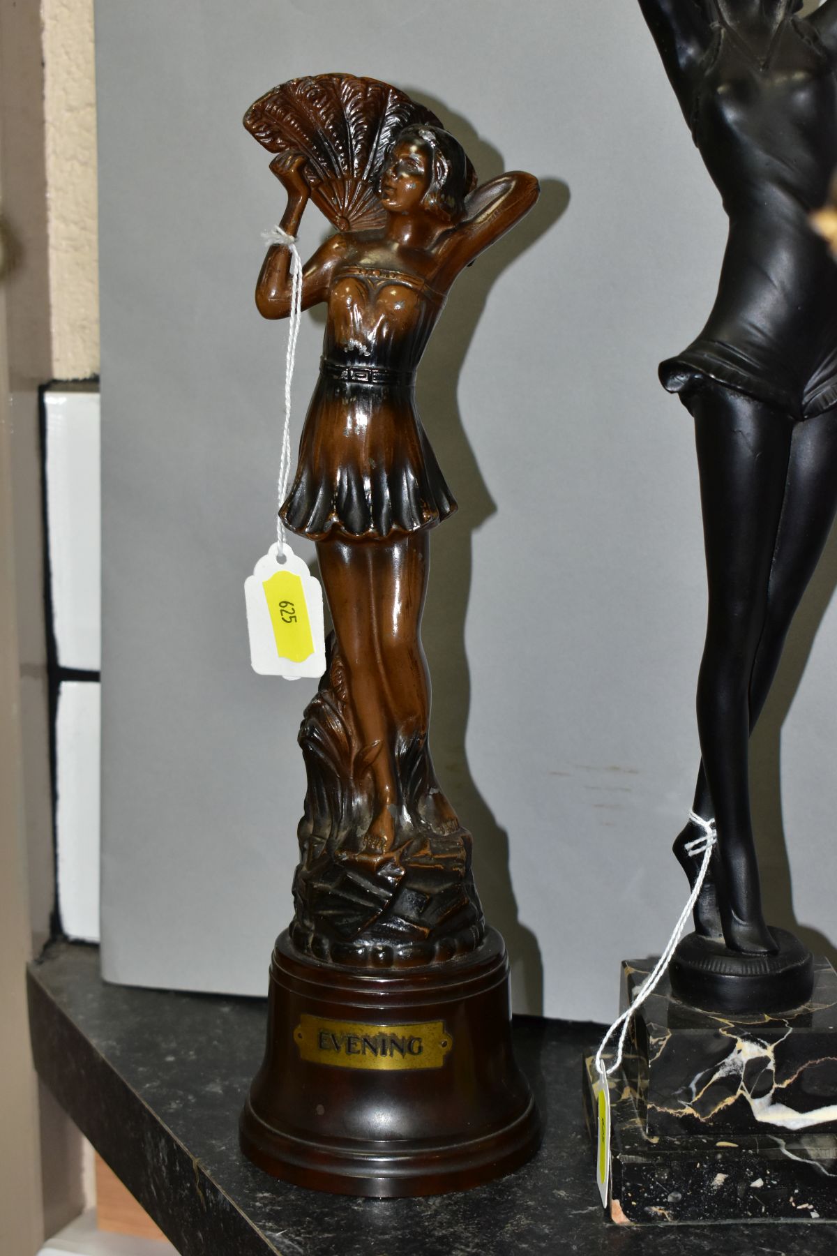 ART DECO STYLE FIGURINES, comprising a bronzed metal scantilly clad female on an onyx plinth, - Image 9 of 11