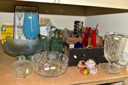 TWO BOXES AND LOOSE GLASSWARE, including a cut glass footed vase, Ravenshead boxed twelve piece