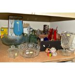 TWO BOXES AND LOOSE GLASSWARE, including a cut glass footed vase, Ravenshead boxed twelve piece