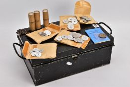 A STRONG BOX CONTAINING A SELECTION OF BRITISH TRANSPORT TOKENS, from The National Transport
