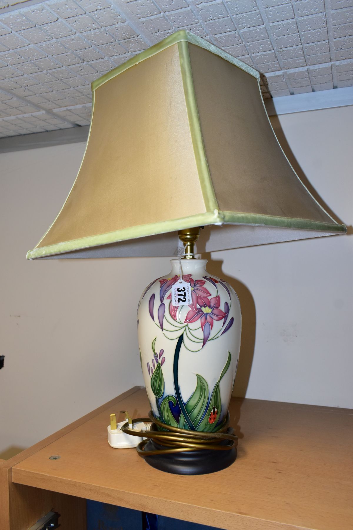 A MOORCROFT POTTERY TABLE LAMP IN THE 'FLY AWAY HOME' PATTERN, designed by Rachel Bishop, mounted on
