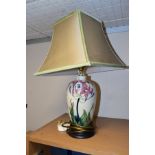 A MOORCROFT POTTERY TABLE LAMP IN THE 'FLY AWAY HOME' PATTERN, designed by Rachel Bishop, mounted on