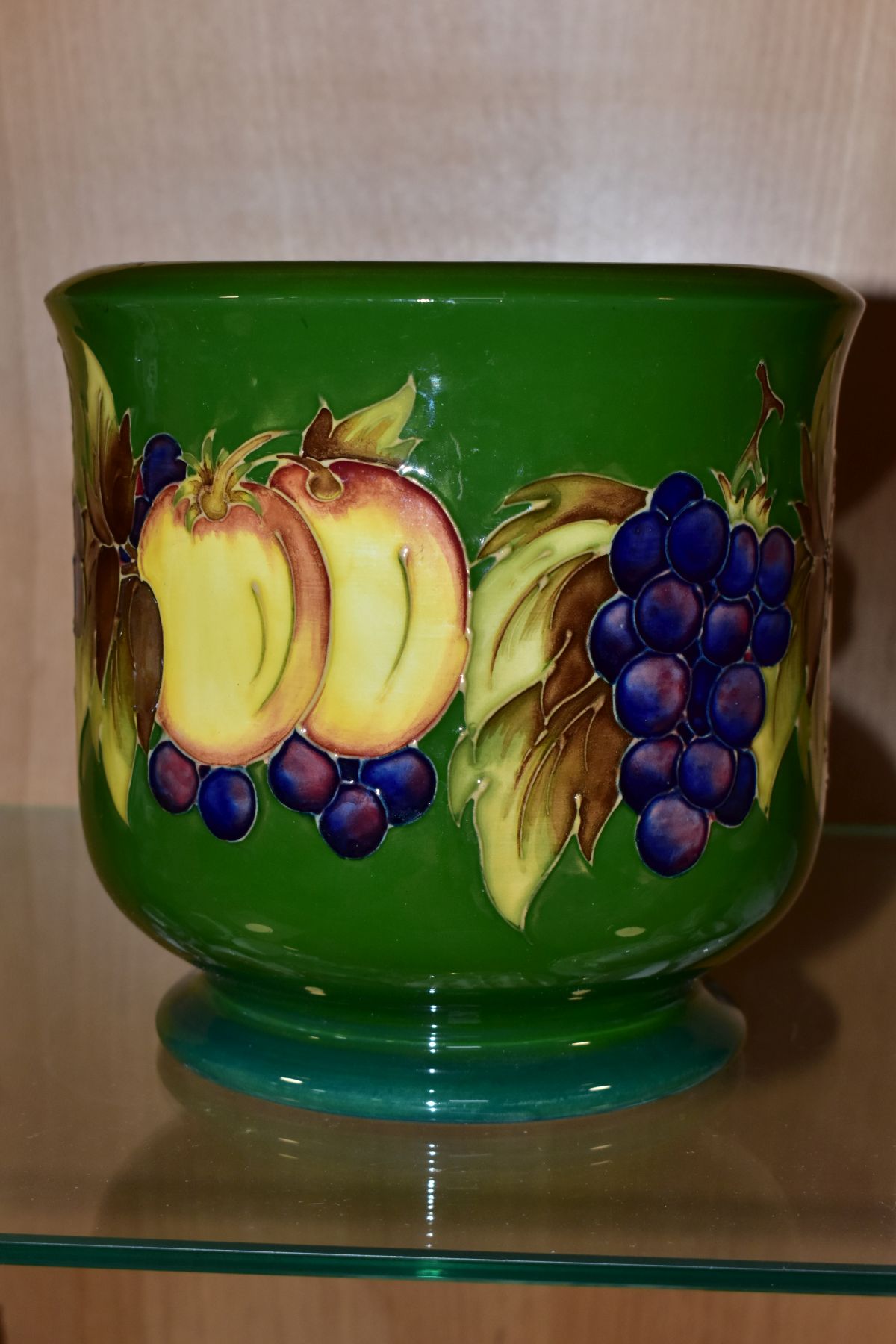 A MOORCROFT POTTERY JARDINIERE DECORATED IN THE FRUIT AND BERRIES PATTERN, on a green ground, - Image 3 of 6