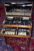 AN OAK AND WALNUT VENEERED CANTEEN, possibly 1940/50's, opening top and a draw complete with 'Viners