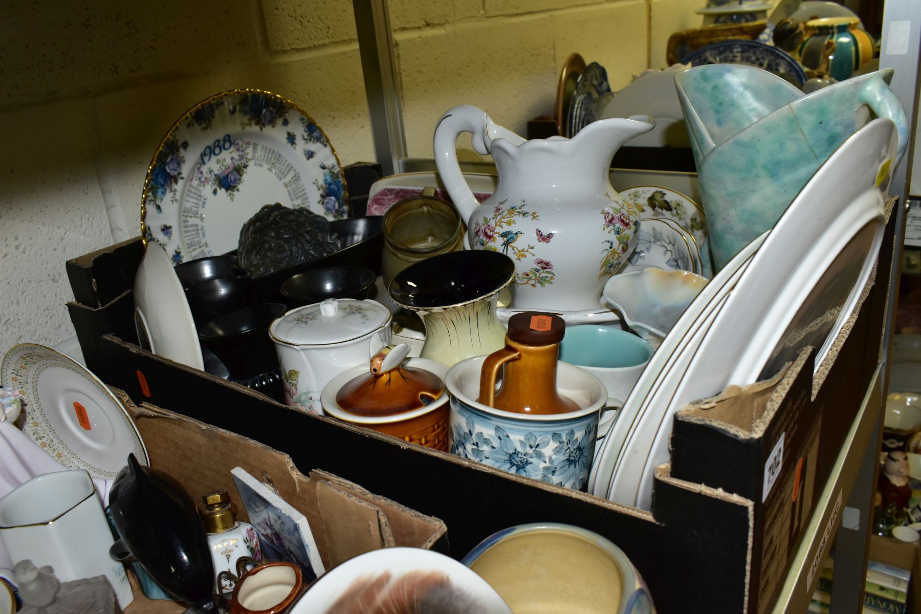 FOUR BOXES AND LOOSE OF CERAMICS, including a Prinknash pottery jug and bulbous vase, three - Image 5 of 9